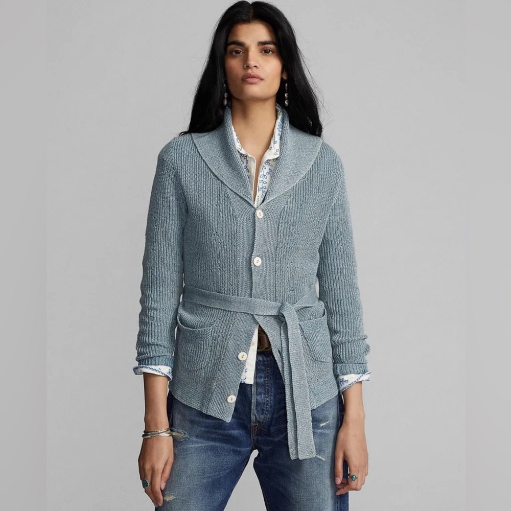 RAPLH LAUREN RRL Belted Indigo Cotton-Linen Cardigan Sz 1/XS